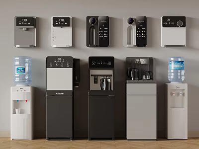 Different Styles Of Water Dispensers Including Wall Mounted And Floor Standing Designs 3d model