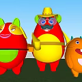 Game And Movie Characters Colorful Playful Cartoon Figures Standing On Green Grassland Under Blue Sky