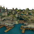Scenic Landscape With Green Mountains Rocky Shores Water And Buildings