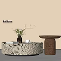 Pollform Circular Coffee Table with Wooden Grain Pattern Vase Cup Books and Side Table 3d model