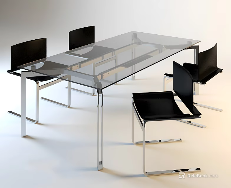 Modern Glass Top Dining Table and Chair Set with Black Seats and Metal Frame 3d model 