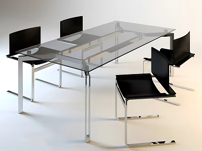 Modern Glass Top Dining Table and Chair Set with Black Seats and Metal Frame 3d model