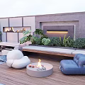 Modern Outdoor Feature Wall Design With Fire Pit And Cozy Sofas On Wooden Deck 3d model