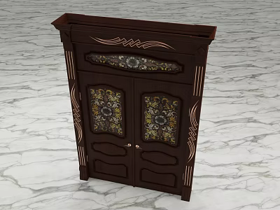 Traditional Dark Brown Double Doors Featuring Decorative Glass Panels And Carved Details On Marble Floor 3d model