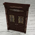 Traditional Dark Brown Double Doors Featuring Decorative Glass Panels And Carved Details On Marble Floor