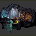 Cartoon Cave Interior with Lighting Colorful Areas Small Structures and Glowing Water