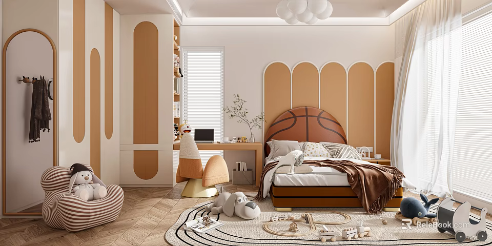 Playful Kids Room Interior With Basketball Shaped Headboard Decorative Arch Wall Toys And Soft Rug 3d model 