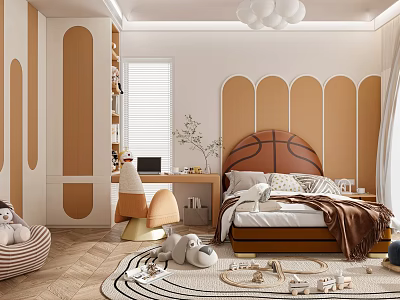 Playful Kids Room Interior With Basketball Shaped Headboard Decorative Arch Wall Toys And Soft Rug 3d model