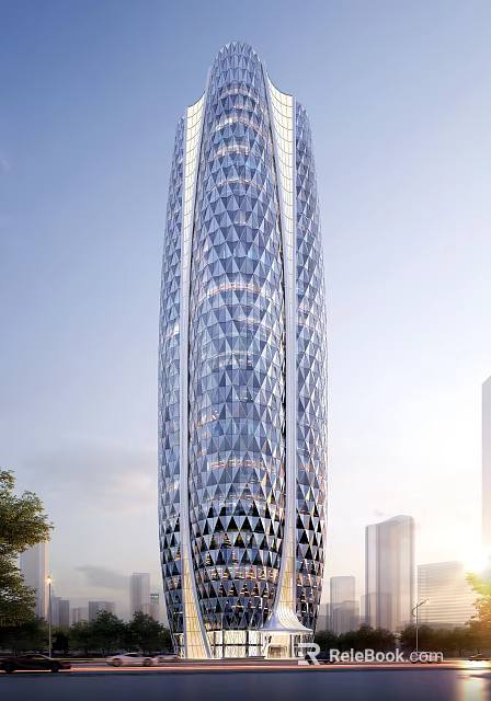 Tall Modern Office Building Exterior With Diamond Shaped Glass Curtain Wall Design 3d model 