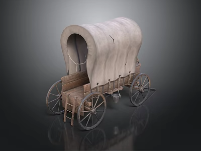 Vintage Covered Wagon With Curved Canvas Top And Wooden Wheel Structure 3d model