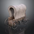 Vintage Covered Wagon With Curved Canvas Top And Wooden Wheel Structure