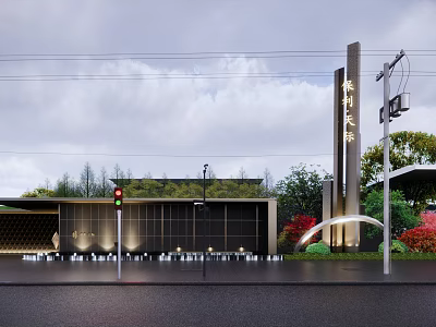 Modern Sales Office Building Exterior With Landscaped Gardens And Street Lighting 3d model