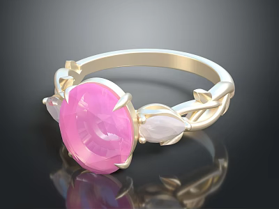 Elegant Gold Ring Featuring Large Pink Gemstone and White Accent Stones with Leaf Vine Design 3d model
