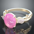 Elegant Gold Ring Featuring Large Pink Gemstone and White Accent Stones with Leaf Vine Design