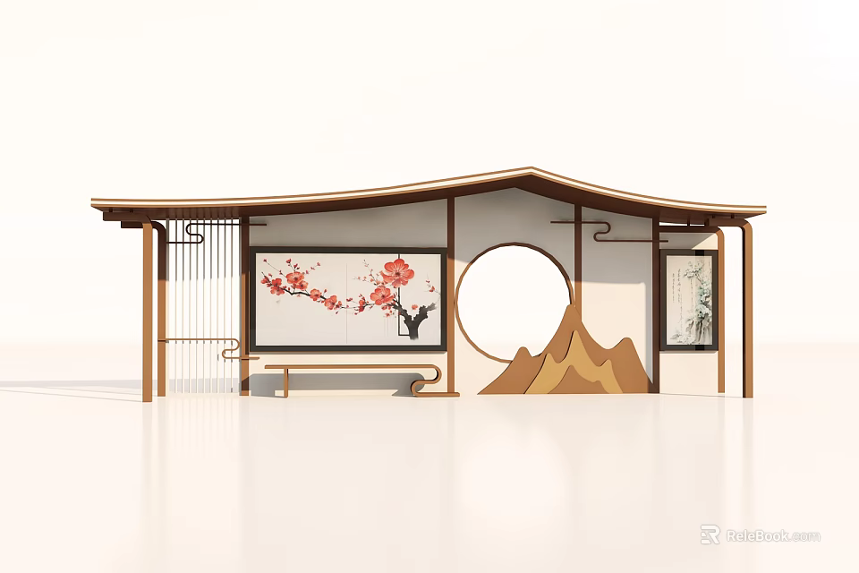 Chinese style Roadside Facility with Plum Blossom Pattern Circular Window Mountain Shaped Decoration and Bench 3d model 