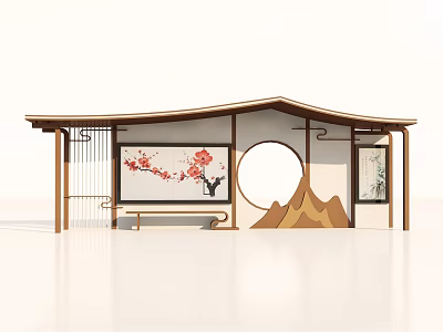 Chinese style Roadside Facility with Plum Blossom Pattern Circular Window Mountain Shaped Decoration and Bench 3d model