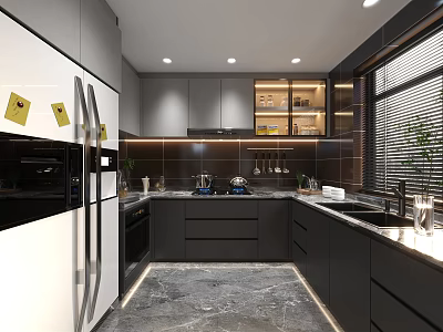 Contemporary Kitchen With Dark Cabinets White Refrigerator And Marble Floor 3d model