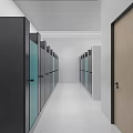 Modern Public Restroom Interior With Stalls Doors And Ceiling Lighting