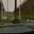 Hotel Public Lounge Area Featuring Large Windows Natural Views Long Wooden Table Black Metal Chairs
