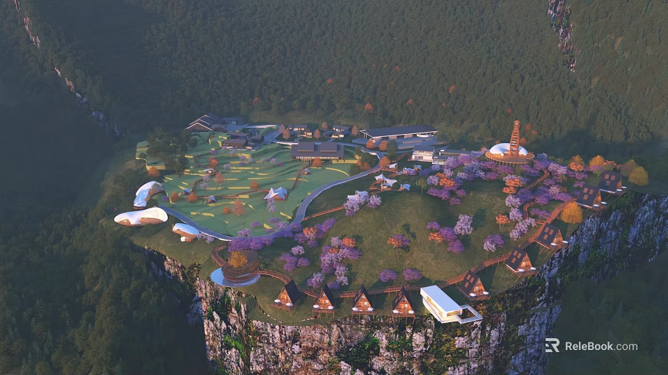 Cliffside Traditional Style Boutique Hotel Buildings Surrounded By Forest Green Lawn And Purple Flowering Trees 3d model 