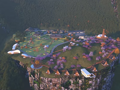 Cliffside Traditional Style Boutique Hotel Buildings Surrounded By Forest Green Lawn And Purple Flowering Trees 3d model