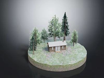 Cartoon Scene of Small Wooden Cabin on Circular Platform With Surrounding Trees and Purple Flowers 3d model