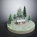 Cartoon Scene of Small Wooden Cabin on Circular Platform With Surrounding Trees and Purple Flowers