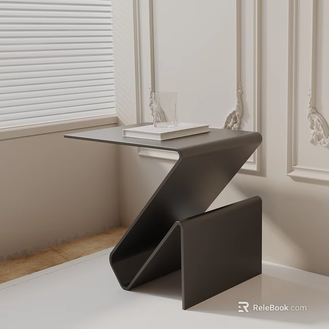 Black Z Shaped Side Table With Glass Top Featuring Book And Glass Near Window Blinds 3d model 