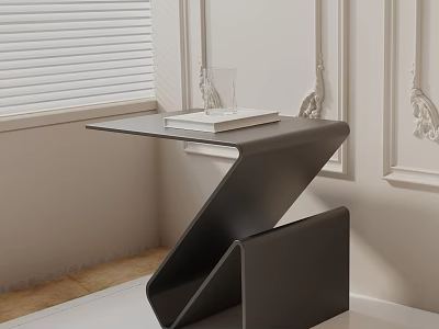 Black Z Shaped Side Table With Glass Top Featuring Book And Glass Near Window Blinds 3d model