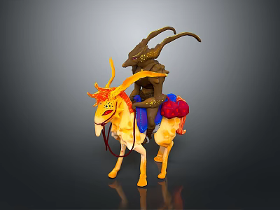 Mythical Character Riding Yellow Horned Creature With Red Saddle And Ornate Horns 3d model