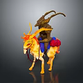 Mythical Character Riding Yellow Horned Creature With Red Saddle And Ornate Horns