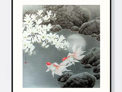 Traditional Chinese Painting With White Flowers Red Goldfish Rocks And Water 3d model