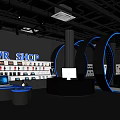 VR Shop Interior With Curved Blue Light Structures And VR Products On Display Shelves
