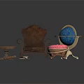 Vintage Brown Armchair Small Round Coffee Table And Pink Ottoman With Decorative Globe And Books