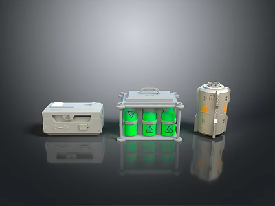 Different Industrial Containers With Green Recycling Bin Gray Control Box And Silver Cylinder 3d model