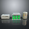 Different Industrial Containers With Green Recycling Bin Gray Control Box And Silver Cylinder