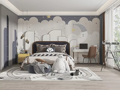 Cozy Kids Room Interior With Starry Wall Decor Bed Desk Chair Telescope And Soft Rug 3d model