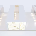 Modern White Exhibition Booth With Glass Panels Colorful Logo And Golden Leaf Pattern