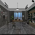 Public Office Space Modern Design With Table Chairs Bookshelves Green Plant And Framed