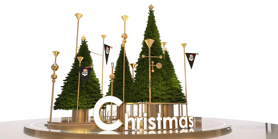 Christmas Scene With Green Pine Trees Golden Decorations And Pirate Flags 3d model 
