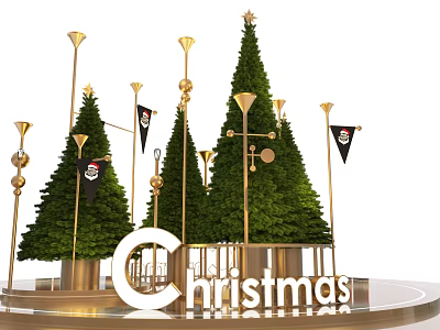 Christmas Scene With Green Pine Trees Golden Decorations And Pirate Flags 3d model