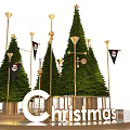 Christmas Scene With Green Pine Trees Golden Decorations And Pirate Flags