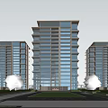 Modern Residential High Rise Buildings Featuring Glass Curtain Walls Green Trees and Spacious Road