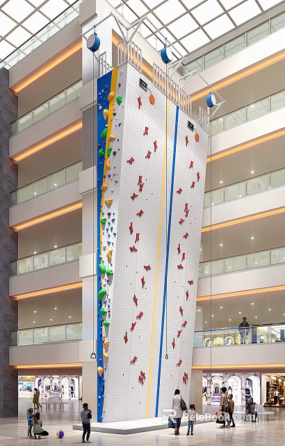 Indoor Rock Climbing Wall In Multi Story Building With Colorful Holds And Balconies 3d model 