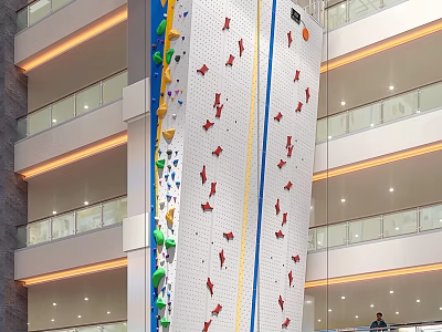 Indoor Rock Climbing Wall In Multi Story Building With Colorful Holds And Balconies 3d model