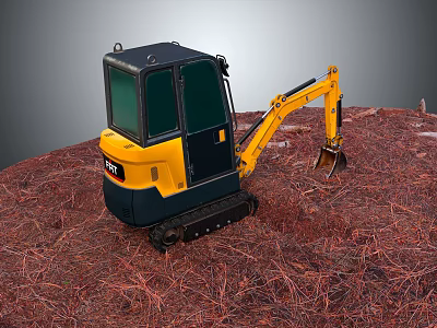 Small Yellow And Black Excavator On Red Ground With Cab And Bucket 3d model