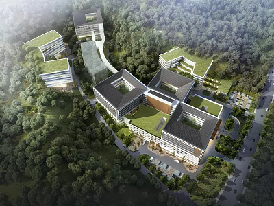 Aerial Planning of Modern Buildings with Green Roofs in Lush Tree Surroundings 3d model