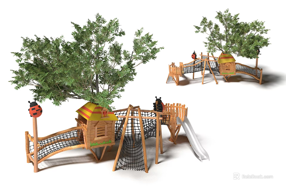 Outdoor Wooden Playground Equipment with Tree House Slide Climbing Net and Green Trees 3d model 