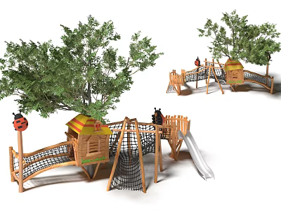 Outdoor Wooden Playground Equipment with Tree House Slide Climbing Net and Green Trees 3d model