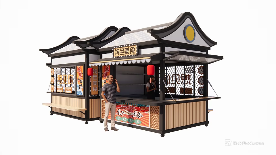 Traditional Chinese Food Stall With Curved Roof Red Lanterns And Menu Boards 3d model 